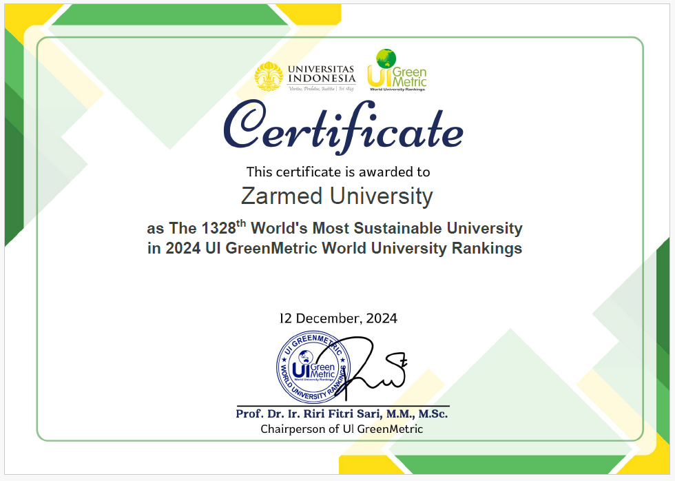 UI GreenMetric Certificate — ZARMED University ranked 1328th Most Sustainable University in the World, 2024